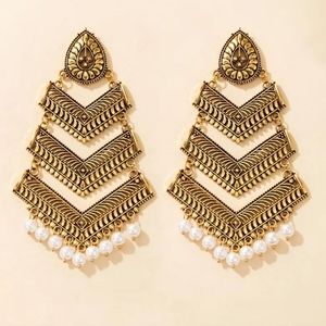 NWT Large Handmade Antique gold and faux pearls tassels jhumka/ Indian jewellery